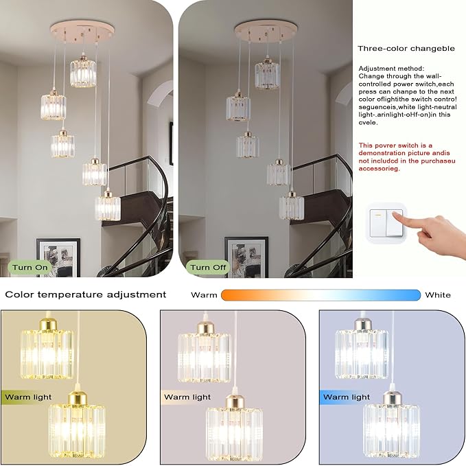 Crystal Pendant Lights Chandeliers for High Ceilings Modern Crystal Chandeliers Hanging Light Fixture Raindrop Drop Lamp for Dining Room Foyer Living Room Entryway Gold 5 Lights