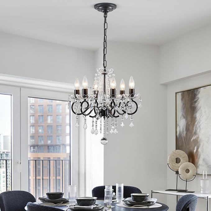 Black Crystal Chandelier, 6-Light European Candle Style Pendant Light, Luxury Decorative Ceiling Light for Living Room Dining Room Bedroom