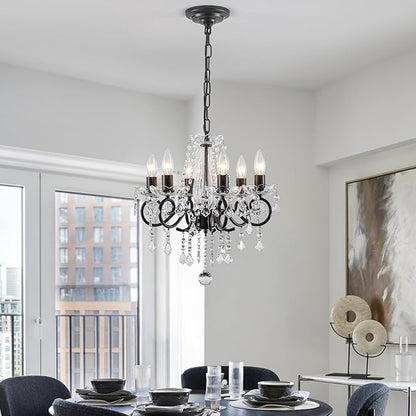Black Crystal Chandelier, 6-Light European Candle Style Pendant Light, Luxury Decorative Ceiling Light for Living Room Dining Room Bedroom
