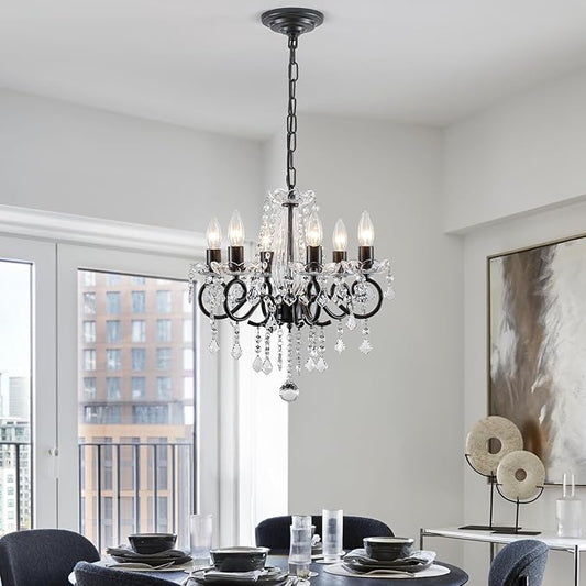 Black Crystal Chandelier, 6-Light European Candle Style Pendant Light, Luxury Decorative Ceiling Light for Living Room Dining Room Bedroom