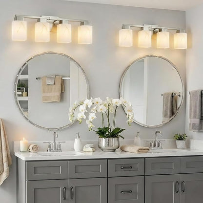 4-Light Square Bathroom Light Fixture, Brushed Nickel Modern Vanity Light with White Marble Glass Shade, for Bathroom Mirror, Living Room, Bedroom, Hallway, E26 Base