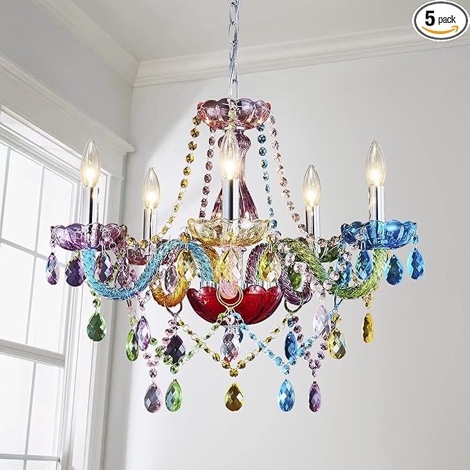 Saint Mossi Modern Colorful K9 Crystal Chandelier with 5 Lights, Contemporary Pendant Ceiling Lighting Fixture for Dining Room,Bedroom,Living Room,H19 x W19 with Adjustable Chain
