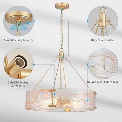 XINGQI 20.7“ Glass Gold Chandeliers for Dining Room, Drum 4-Light Over Table Hanging Pendant Lighting for Hight Ceiling Living Room Kitchen Island Bedroom Office