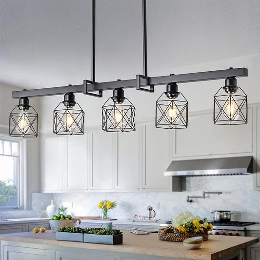 5-Light Modern Farmhouse Island Lighting, Adjustable Height Black Rustic Chandelier with Matte Black Geometric Shade, E26 Base Hanging Light for Dining Room Over Table