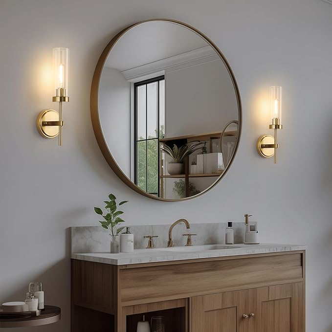 WILON Wall Sconces 2 pcs, Vanity Lights for Bathroom Sconces Wall Lighting with Clear Glass Shades, Vintage Antique Brass Wall Lamp for Mirror Bedroom Living Room Bedside Hallway, Brass Gold