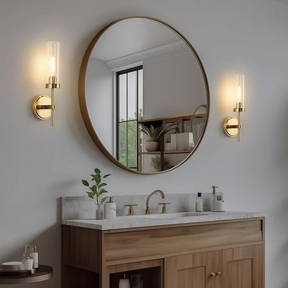 WILON Wall Sconces 2 pcs, Vanity Lights for Bathroom Sconces Wall Lighting with Clear Glass Shades, Vintage Antique Brass Wall Lamp for Mirror Bedroom Living Room Bedside Hallway, Brass Gold
