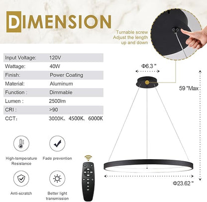 Modern LED Pendant Light Black Ring Chandelier 24" Dimmable Flush Mount Pendant Chandelier for Dinning Room Office Kitchen Living Room,3000-6500K