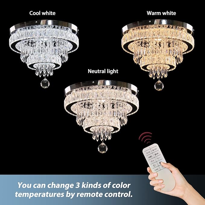 Finktonglan 15.7" Dimmable Crystal Ceiling Light with Remote, 2-Ring LED Flush Mount Chandelier, Adjustable Brightness & 3000K-6500K, Built-in LED for Bedroom Hallway Entryway Dining Room