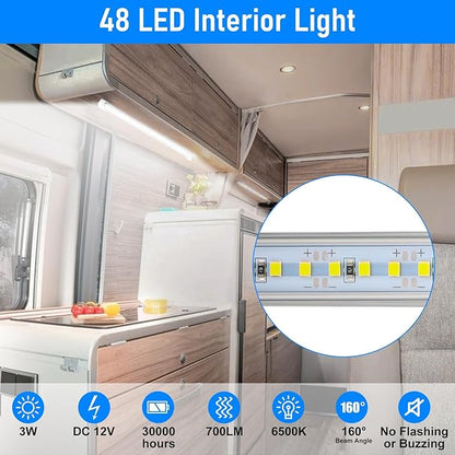 Linkstyle 2PCS 12V Interior LED Light Bar, 48 LEDs Slim Light Strip with Switch, 6500K White Lighting Lamp for Car Truck RV Van Trailer Boat