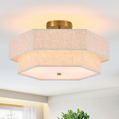 Modern Semi Flush Mount Ceiling Light 18" Modern Gold Drum Ceiling Lighting Fixture with Linen Shade Vintage Ceiling Lamp for Living Room, Bedroom, Kitchen, Dining Room, Hallway, and Entryway
