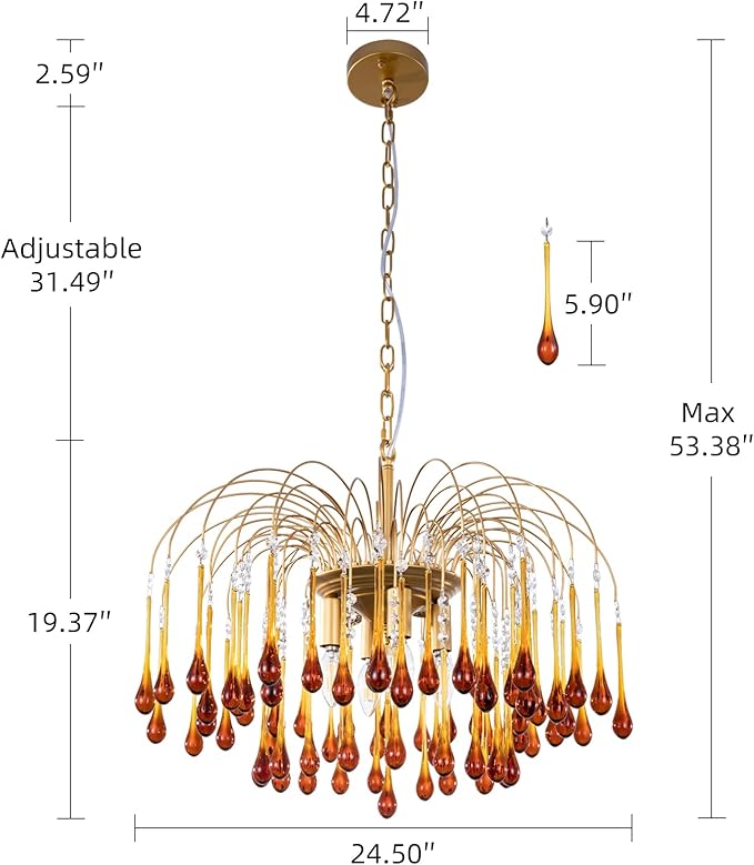 TOCHIC Crystal Gold Chandelier Modern Chandeliers for Dining Room, Raindrop Crystal Chandelier Light Fixture, Vintage Pendant Lighting for Living Room, Bedroom, Bathroom, Foyer, Kitchen Island, 24.5”W