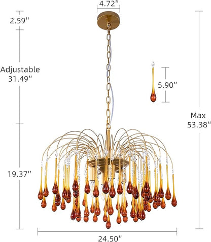 TOCHIC Crystal Gold Chandelier Modern Chandeliers for Dining Room, Raindrop Crystal Chandelier Light Fixture, Vintage Pendant Lighting for Living Room, Bedroom, Bathroom, Foyer, Kitchen Island, 24.5”W