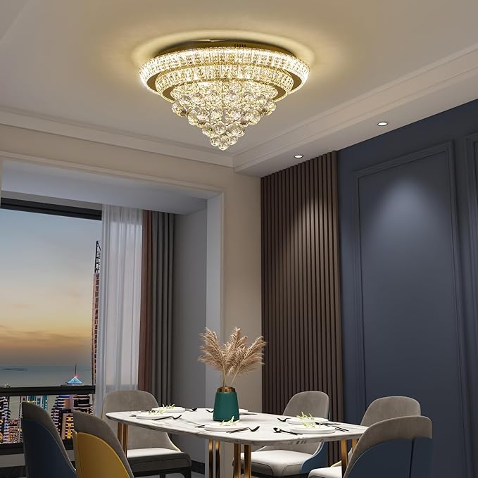 COCOSTAR 24" Gold Crystal Chandeliers, Flush Mount Chandelier LED Ceiling Light, Modern Crystal Raindrop Chandeliers for Dining Room, Living Room, Bedroom