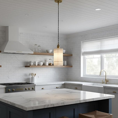 3Pack Milk Glass Striped Kitchen Island Pendant Lights, Vintage Dining Room Light Fixture - Adjustable Hanging Light Set for Dining Room, Bedside, Vanity Area, Hallway & Entryway