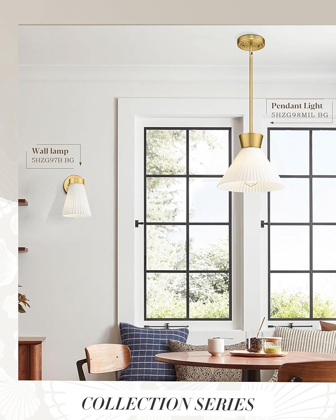 Modern Pendant Light White and Gold, HWH Large Kitchen Island Light Fixtures 16 Inch, 3-Light Hanging Lighting for Dinning Room Schoolhouse, Frosted Striped Glass Shade, 5HZG98MIL-M BG