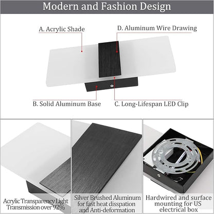 Lightess Modern Wall Sconce 12W Indoor Acrylic Modern Wall Light Set of 2 LED Wall Lamp for Hallway Living Room Corridor Bedroom, Warm White