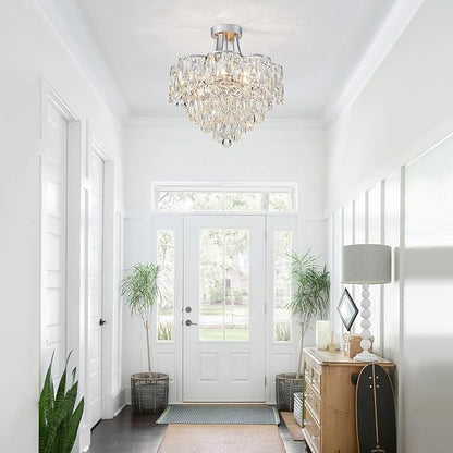 WUZUPS Crystal Chandelier Semi-Flushmount Ceiling Light Modern Lighting Fixture for Bedroom Hallway Entry Kitchen Bathroom, H 19.3" x W 18.3", E12 Base, Silver