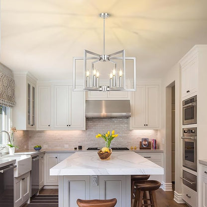6-Light Brushed Nickel Chandelier, Farmhouse Dining Room Light Fixture, Modern Chandelier, Geometric Industrial Metal Hang Lighting Fixture for Foyer Entryway Kitchen Over Table Hallway Living Room