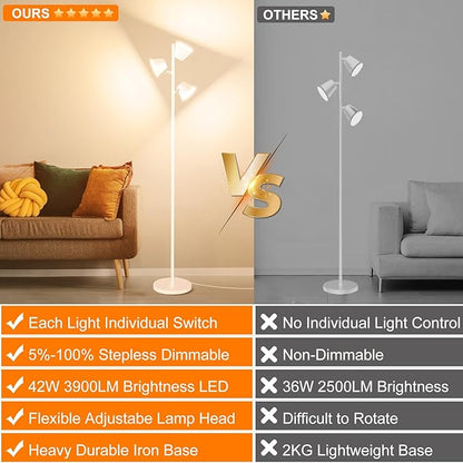 42W Tree Floor Lamp, Super Bright LED Standing Lamp with Remote, Modern Dimmable Floor Lamps,Individual Control, Rotable Head LED Lamp for Living Room Bedroom Office,White