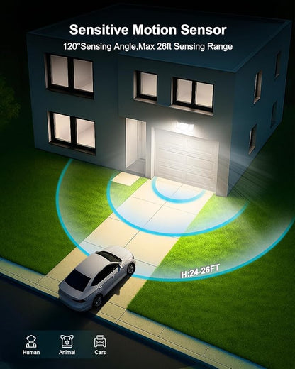 Motion Sensor Outdoor Light, 188 LED 4200LM Flood Lights Outdoor, 6500K Daylight, 3 Modes with Remote Control, IP65 Waterproof, Adjustable Heads, Hardwired 120V for Garage, Yard, Porch, 1 Pack White