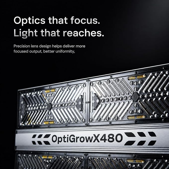 OptiGrowX480 LED Grow Light for Indoor Plants, Full Spectrum with Veg Bloom Control, Optical Lens Design, High Efficiency, High PPFD Output for 3x3 4x4 Grow Tent