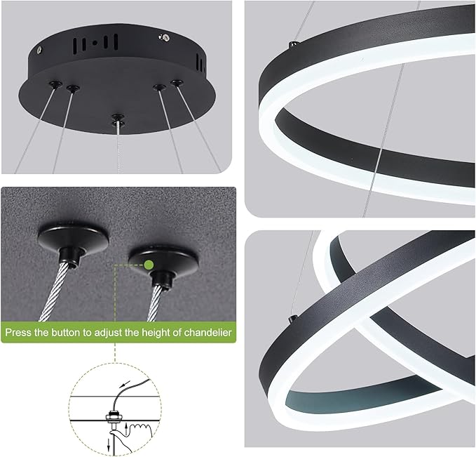 Benkut 2-Rings Modern LED Chandelier Black for Dining Room, Circular Flush Mount Ceiling Chandelier Light Dimmable Pendant Light with Remote Control for Living Room Entrance Foyer, 3000K-6500K