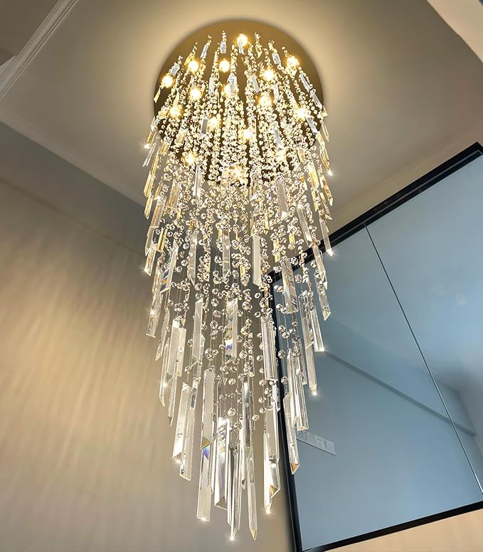 D40'' x H120'' Crystal Chandelier High Ceiling Chandeliers for Entryway Large Raindrop Chandeliers LED Dimmable Flush Mount Light Fixtures for Staircaes Foyer Hallway Living Room Bulbs Included Gold