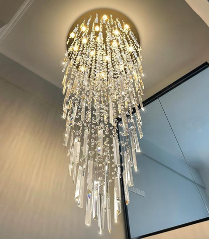 D40'' x H120'' Crystal Chandelier High Ceiling Chandeliers for Entryway Large Raindrop Chandeliers LED Dimmable Flush Mount Light Fixtures for Staircaes Foyer Hallway Living Room Bulbs Included Gold