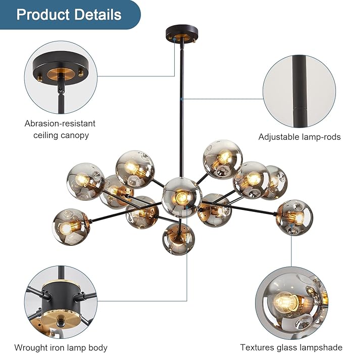 DDLLDESHI Modern Black Chandelier Sputnik Ceiling Light Fixture with 12 Globe Glass Shade Chandeliers for Dining Room Farmhouse Kitchen Living Room Bedroom Office（34" Large Chandelier）