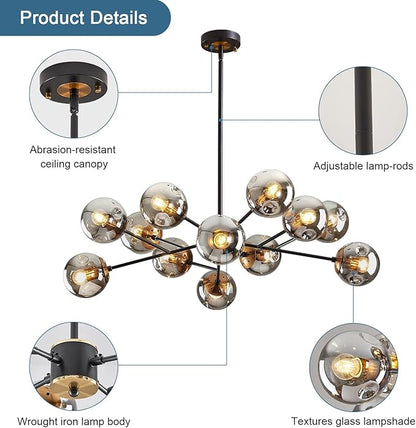 DDLLDESHI Modern Black Chandelier Sputnik Ceiling Light Fixture with 12 Globe Glass Shade Chandeliers for Dining Room Farmhouse Kitchen Living Room Bedroom Office（34" Large Chandelier）