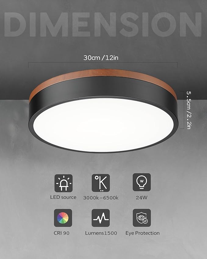 Ken & Ricky 12 Inch Wood Flush Mount Ceiling Light Fixtures,Round Flat Led Ceiling Light Dimmable,Close to Ceiling Light Fixtures for Kitchen Bathroom Bedroom Hallway 5CCT 24W 1PK