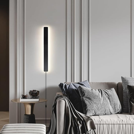 KELUOLY Modern Plug in Wall Sconces, 23.6 inch Frosted Black LED Long Wall Lights, 12W Warm White 3000K Acrylic Indoor Wall lamp,with 59" Plug Cable for Bedroom, Living Room, Bathroom Makeup, Hallway