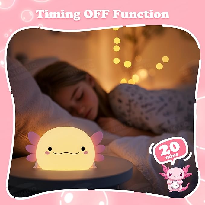 Axolotl Night Light, LED Cute Pink Silicone Nursery Lamp for Kids, Squishy Touch Nightlight Bedside Lamp with 20 Minutes Timer for Breastfeeding, Funny Decor, Cute Gifts