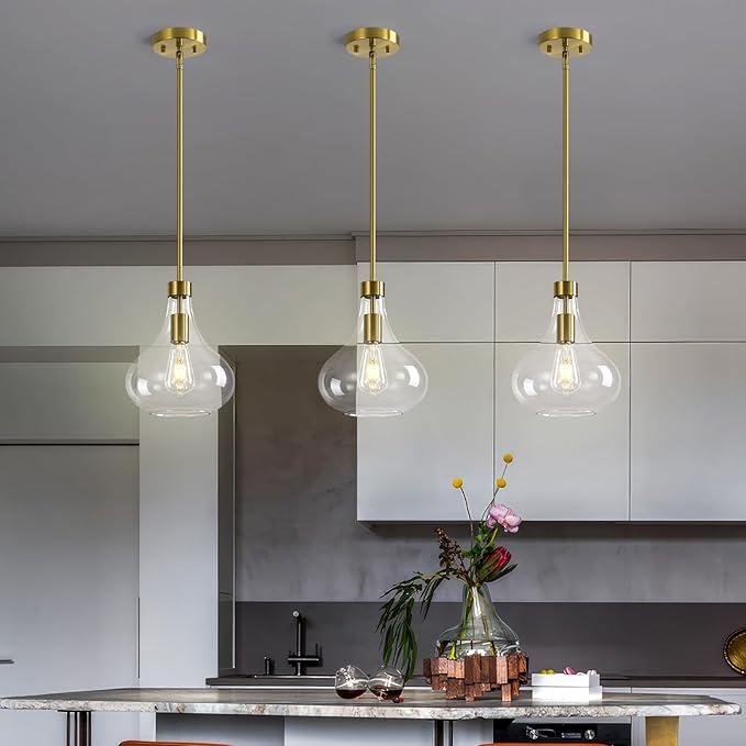 Modern Glass Pendant Light 9.44 in Clear Glass Shade Gold Farmhouse Island Pendant Lights for Kitchen Pendant Lighting Over Sink Bedroom Dining Room