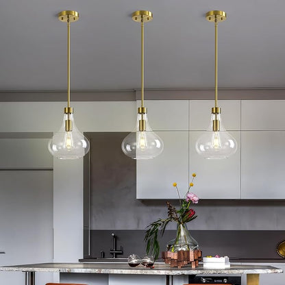 Modern Glass Pendant Light 9.44 in Clear Glass Shade Gold Farmhouse Island Pendant Lights for Kitchen Pendant Lighting Over Sink Bedroom Dining Room