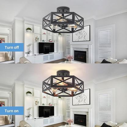 Semi Flush Mount Ceiling Light, Black 3-Light Fixtures Ceiling Mount with Hexagon Cage, Metal Industrial Close to Ceiling Light for Hallway, Kitchen, Bedroom (Black, 14.56''L)