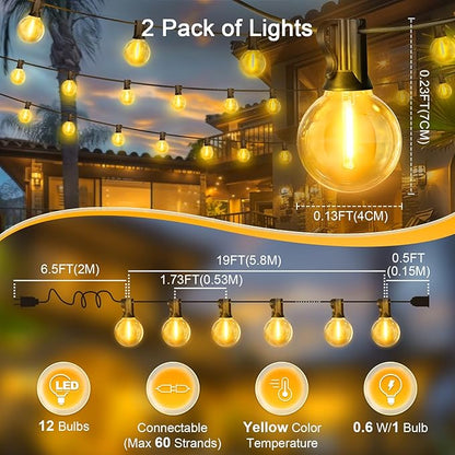 LAMPHOME 2PACK Yellow Outdoor String Lights, 26FT 13 G40 Gold Shatterproof Patio Lights, IP65 Waterproof Dimmable Connectable Globe LED Hanging Lights for Backyard, Bistro, Porch, Deck, Balcony