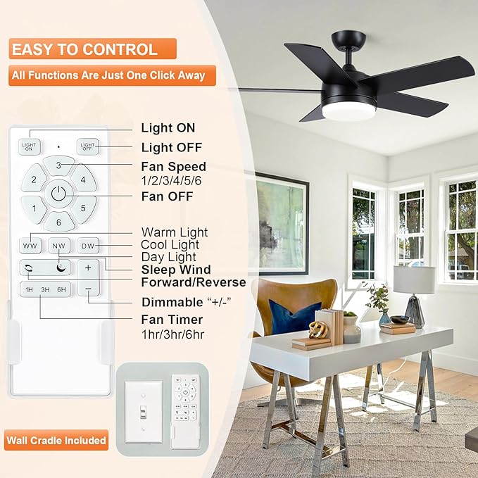 YUHAO 44 Inch Black Ceiling Fan with Light and Remote Control.Noiseless,Dimmable,3CCT,6 Speeds Reversible, DC Ceiling Fans for Indoor or Covered Outdoor Use.ETL Listed