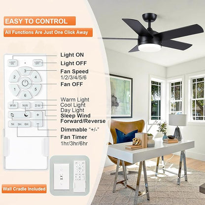 YUHAO 44 Inch Black Ceiling Fan with Light and Remote Control.Noiseless,Dimmable,3CCT,6 Speeds Reversible, DC Ceiling Fans for Indoor or Covered Outdoor Use.ETL Listed