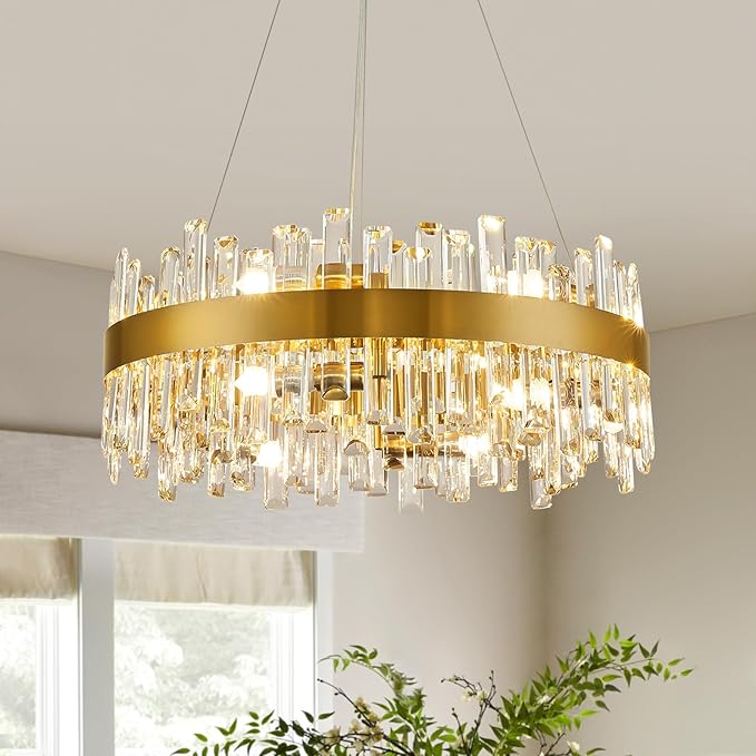 Modern Crystal Chandelier for Dining Room, 12-Light Luxury Gold Flush Mount Crystal Ceiling Light 2-Tiers K9 Crystal Raindrop Chandelier for Living Room Kitchen Entryway Foyer D23.6''