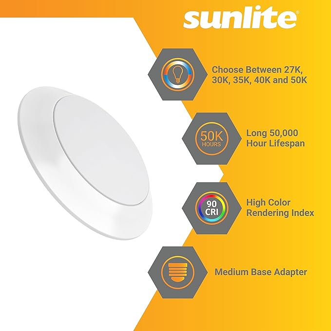 Sunlite 87799 7" Round Flush Light Hardwire/Retrofit Fixture, 15W, 950 Lmns, CCT Switch 27K/30K/35K/40K/50K, Dimmable, 90 CRI, ETL Listed, Energy Star, Medium E26 Base, Title-24 Compliant, 1 Pack