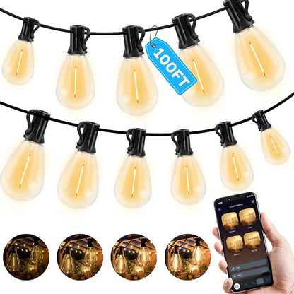 GvvooHome 100FT Outdoor String Light with S11 Plastic Bulbs, Low-Voltage LED Patio Light with App & Remote, Music Sync, 4 Lighting Modes, Dimmable & Waterproof for Backyard, Porch, Garden, Deck, Party