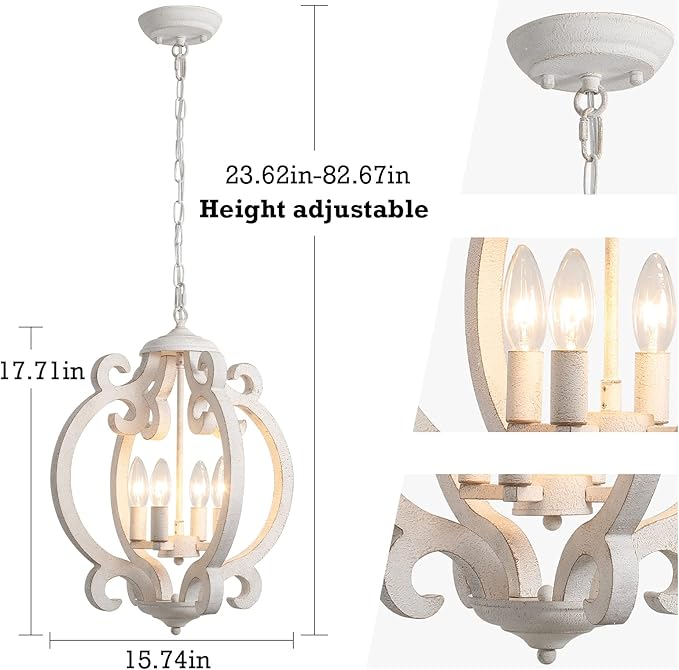 Farmhouse Chandelier for Dining Room, French Country Chandelier Distressed White, 4-Light Rustic Wooden Chandelier, Cottage Antique Wood Hanging Light Fixture for Entryway Foyer Living Room Kitchen