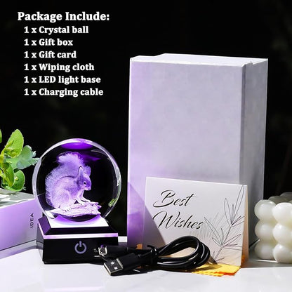 Arikyrist 3D Squirrel Figurine Crystal Ball with Colorful Light Base, Laser Engraved Squirrel Gifts for Women Men on Christmas Birthday, Squirrel Ornament Glass Decorative Ball for Home Decor (80mm)
