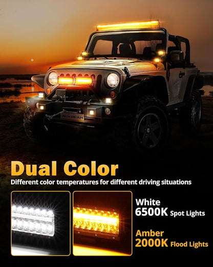 Auxbeam 6 Modes Amber White Series 7" 300W LED Light Bar, Flashing Strobe LED Pods Spot Flood Combo, Dual Color Amber Fog Lights for Jeep, Car, Motorcycle, ATV, UTV, SUV, Pair