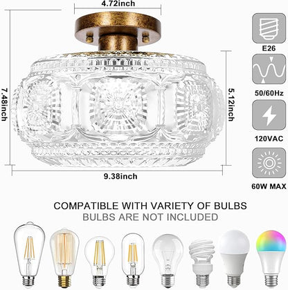 Semi Flush Mount Ceiling Light, Globe Glass Ceiling Light Fixture, Antique Bronze Modern Lighting for Hallway Bedroom Entryway Kitchen Porch, Bulb Not Included