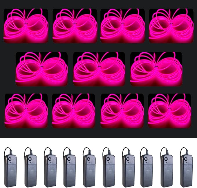 MaxLax EL Wire Pink 10-Pack, 9ft Neon Light Wire with Noise Reduction and Battery Pack…
