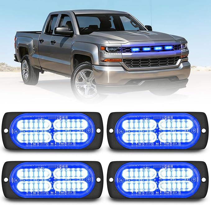 Nilight 4PCS 24LED Emergency Strobe lights 12V 24V Blue Surface Mount Grille Hazard Safety Warning Light Sync Feature Side Flashing Marker Flash for Car Truck Campers
