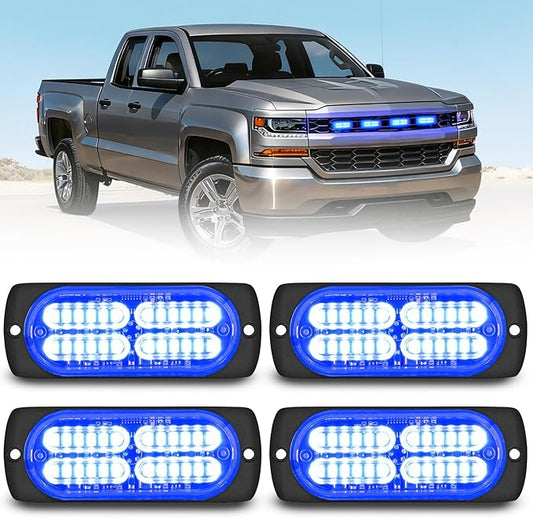 Nilight 4PCS 24LED Emergency Strobe lights 12V 24V Blue Surface Mount Grille Hazard Safety Warning Light Sync Feature Side Flashing Marker Flash for Car Truck Campers