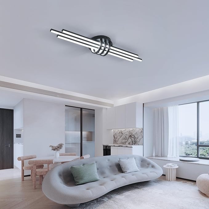 Garwarm Modern Ceiling Light Fixture,39.4 Inch Black Kitchen Lights Ceiling, Linear Dimmable LED Chandelier Remote Control for Dining Room Living Room Bedroom